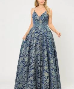 Prom Long A-line Metallic Floral Lace Dress By Poly USA 8562 22 Prom Long A-line Metallic Floral Lace Dress By Poly USA 8562