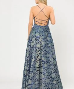 Prom Long A-line Metallic Floral Lace Dress By Poly USA 8562 20 Prom Long A-line Metallic Floral Lace Dress By Poly USA 8562