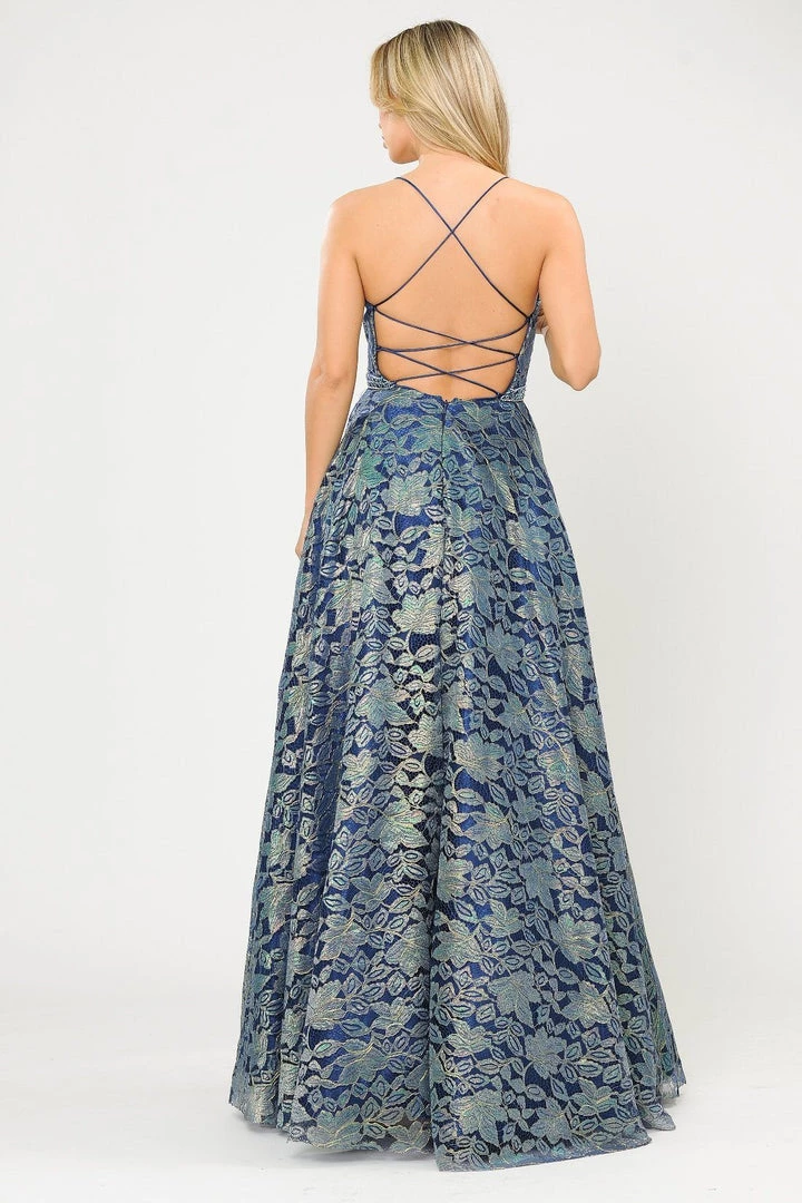 Prom Long A-line Metallic Floral Lace Dress By Poly USA 8562 7 Prom Long A-line Metallic Floral Lace Dress By Poly USA 8562