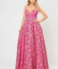 Prom Long A-line Metallic Floral Lace Dress By Poly USA 8562 28 Prom Long A-line Metallic Floral Lace Dress By Poly USA 8562