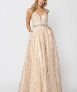 Prom Long A-line Metallic Floral Lace Dress By Poly USA 8562 19 Prom Long A-line Metallic Floral Lace Dress By Poly USA 8562