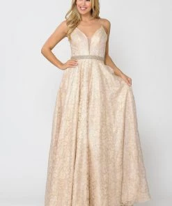 Prom Long A-line Metallic Floral Lace Dress By Poly USA 8562