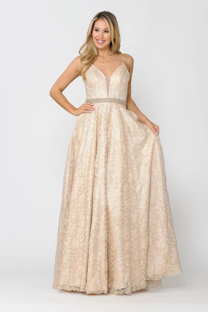 Prom Long A-line Metallic Floral Lace Dress By Poly USA 8562 3 Prom Long A-line Metallic Floral Lace Dress By Poly USA 8562