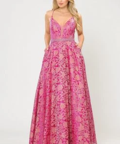 Prom Long A-line Metallic Floral Lace Dress By Poly USA 8562 25 Prom Long A-line Metallic Floral Lace Dress By Poly USA 8562