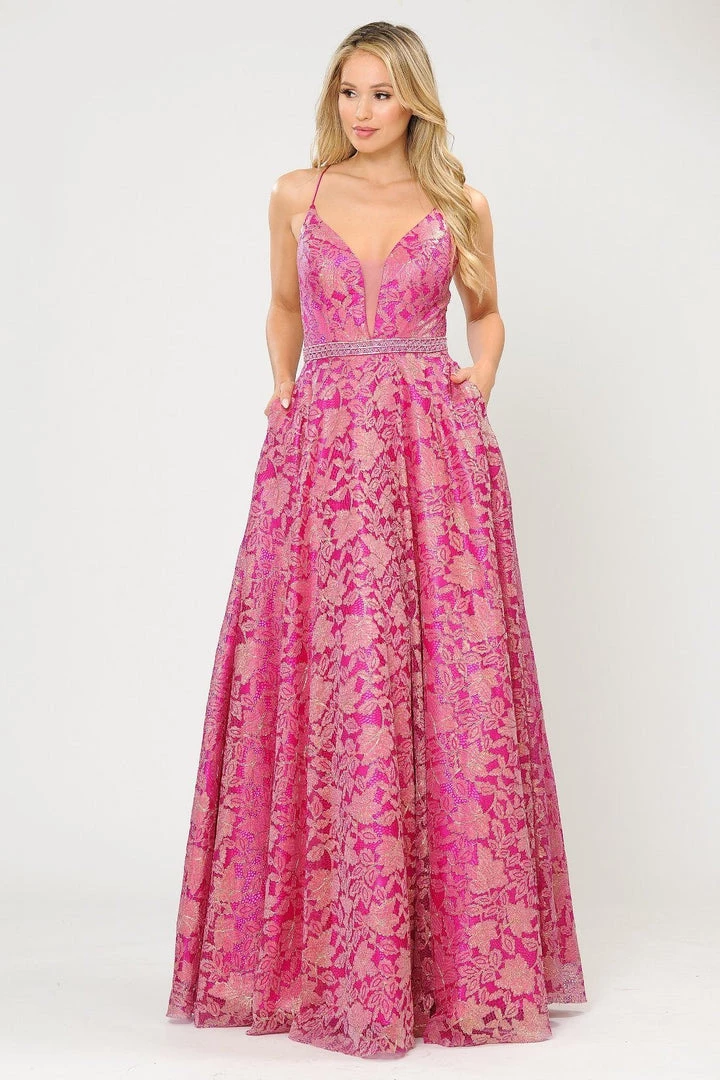 Prom Long A-line Metallic Floral Lace Dress By Poly USA 8562 12 Prom Long A-line Metallic Floral Lace Dress By Poly USA 8562