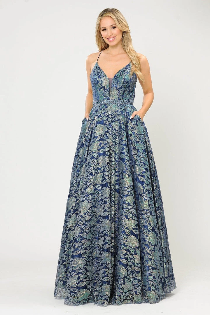 Prom Long A-line Metallic Floral Lace Dress By Poly USA 8562 5 Prom Long A-line Metallic Floral Lace Dress By Poly USA 8562