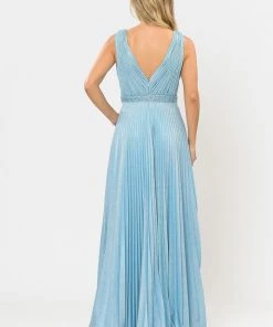 Long A-line Ruched Metallic Glitter Dress By Poly USA 8600 Prom