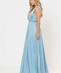 Long A-line Ruched Metallic Glitter Dress By Poly USA 8600 Prom