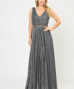 Long A-line Ruched Metallic Glitter Dress By Poly USA 8600 Prom