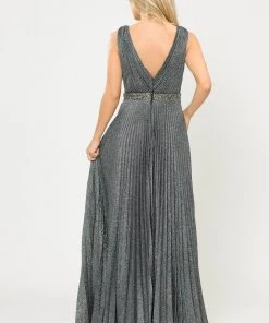 Long A-line Ruched Metallic Glitter Dress By Poly USA 8600 Prom
