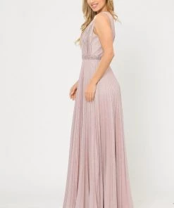 Long A-line Ruched Metallic Glitter Dress By Poly USA 8600 Prom