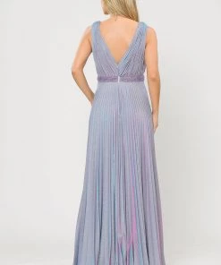 Long A-line Ruched Metallic Glitter Dress By Poly USA 8600 Prom