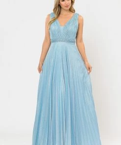 Long A-line Ruched Metallic Glitter Dress By Poly USA 8600 Prom