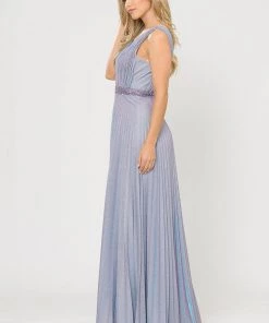 Long A-line Ruched Metallic Glitter Dress By Poly USA 8600 Prom