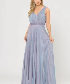Long A-line Ruched Metallic Glitter Dress By Poly USA 8600 Prom