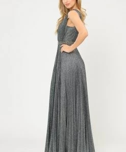 Long A-line Ruched Metallic Glitter Dress By Poly USA 8600 Prom