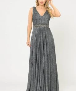Long A-line Ruched Metallic Glitter Dress By Poly USA 8600 Prom