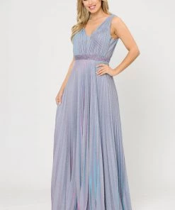 Long A-line Ruched Metallic Glitter Dress By Poly USA 8600 Prom