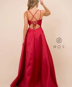 Long A-line Satin Dress With Corset Back By Nox Anabel T406 Prom