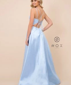 Long A-line Satin Dress With Corset Back By Nox Anabel T406 Prom