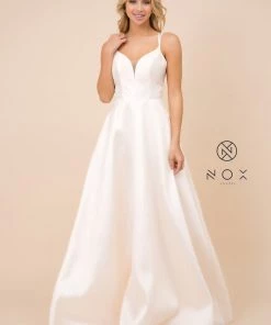 Long A-line Satin Dress With Corset Back By Nox Anabel T406 Prom
