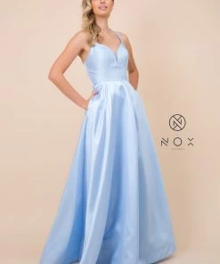 Long A-line Satin Dress With Corset Back By Nox Anabel T406 Prom