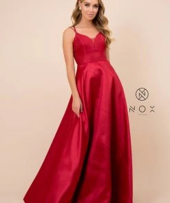 Long A-line Satin Dress With Corset Back By Nox Anabel T406 Prom