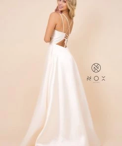 Long A-line Satin Dress With Corset Back By Nox Anabel T406 Prom