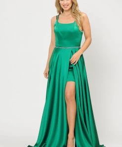 Prom Long A-line Satin Dress With Corset Back By Poly USA 8652