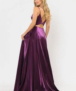 Long A-line Satin Dress With Illusion V-Neckline By Poly USA 8644