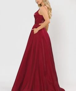 Long A-line Satin Dress With Illusion V-Neckline By Poly USA 8644