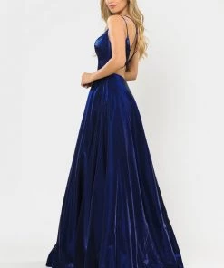 Long A-line Satin Dress With Illusion V-Neckline By Poly USA 8644