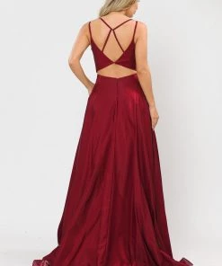 Long A-line Satin Dress With Illusion V-Neckline By Poly USA 8644