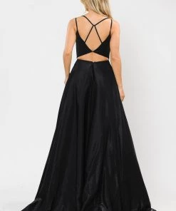 Long A-line Satin Dress With Illusion V-Neckline By Poly USA 8644