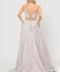 Long A-line Satin Dress With Illusion V-Neckline By Poly USA 8644