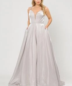 Long A-line Satin Dress With Illusion V-Neckline By Poly USA 8644
