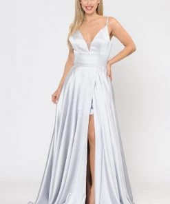 Long A-line Satin Dress With Short Skirt By Poly USA 8606 30 Long A-line Satin Dress With Short Skirt By Poly USA 8606