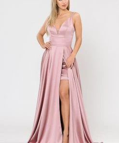 Long A-line Satin Dress With Short Skirt By Poly USA 8606 22 Long A-line Satin Dress With Short Skirt By Poly USA 8606