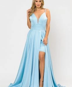 Long A-line Satin Dress With Short Skirt By Poly USA 8606 26 Long A-line Satin Dress With Short Skirt By Poly USA 8606