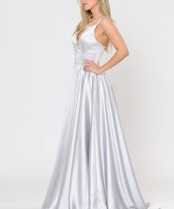 Long A-line Satin Dress With Short Skirt By Poly USA 8606 32 Long A-line Satin Dress With Short Skirt By Poly USA 8606