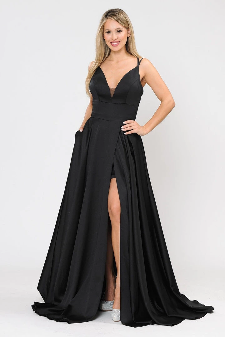 Long A-line Satin Dress With Short Skirt By Poly USA 8606 13 Long A-line Satin Dress With Short Skirt By Poly USA 8606