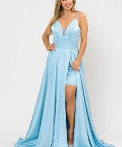 Long A-line Satin Dress With Short Skirt By Poly USA 8606 23 Long A-line Satin Dress With Short Skirt By Poly USA 8606