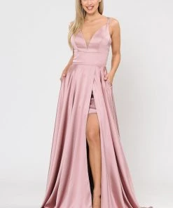 Long A-line Satin Dress With Short Skirt By Poly USA 8606