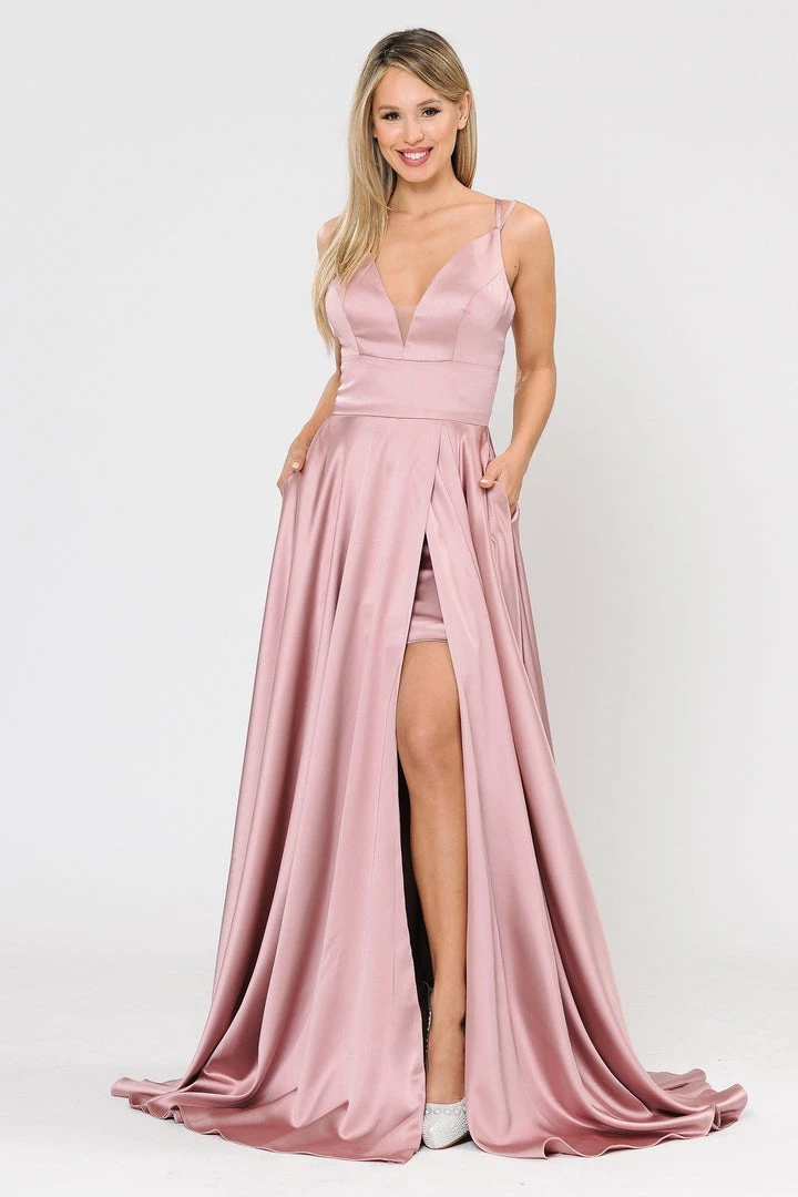 Long A-line Satin Dress With Short Skirt By Poly USA 8606 3 Long A-line Satin Dress With Short Skirt By Poly USA 8606