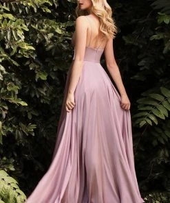 Long A-line Satin Dress With Slit By Cinderella Divine 7472 Prom