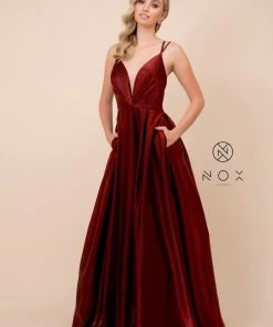 Long A-line Shiny Satin Dress With Pockets By Nox Anabel M412 Prom