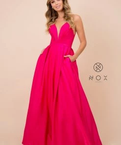 Long A-line Shiny Satin Dress With Pockets By Nox Anabel M412 Prom