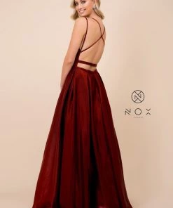 Long A-line Shiny Satin Dress With Pockets By Nox Anabel M412 Prom