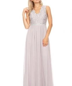 Long A-line Sleeveless Dress With Lace Bodice By Celavie 6467L