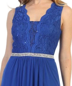 Long A-line Sleeveless Dress With Lace Bodice By Celavie 6467L